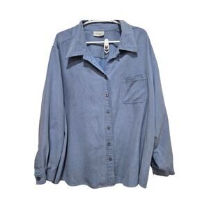 Avenue Faux Suede Blue Button Front Blouse 1X Pocket Top